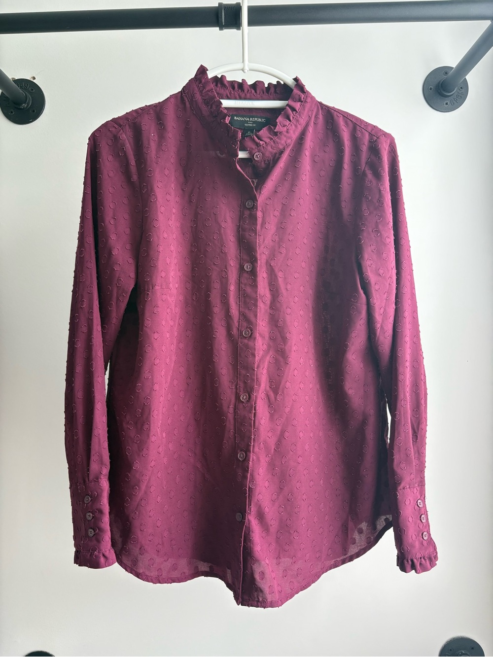 Banana Republic Women’s Burgundy Textured Ruffle-Collar Button Shirt